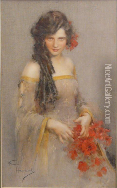 Portrait Of Young Woman Holding Red Poppies Oil Painting - Francis A. Haviland