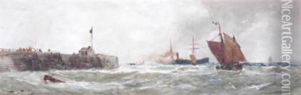 Fishing Boats And A Steamer Leaving Harbour Oil Painting - Thomas Bush Hardy