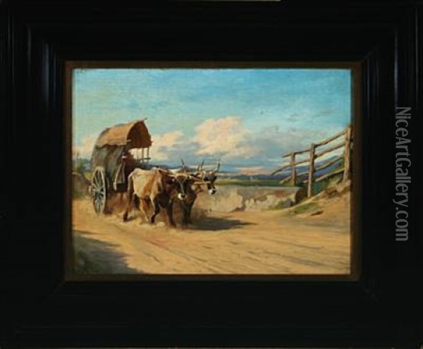 Italian Scenery With Oxdrawn Cart Oil Painting - Adolf Heinrich Mackeprang