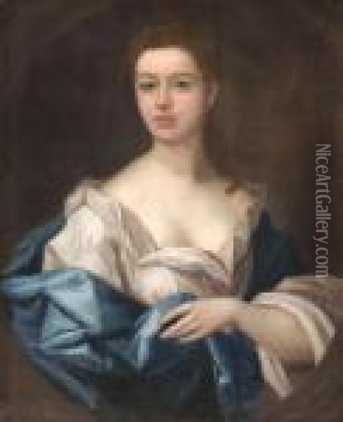 Portrait Of A Lady With Long Hair And Wearing A White Frock With Blue Sash Oil Painting - William Wissing or Wissmig