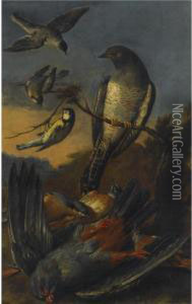 A Kestrel, A Great-tit And Other Birds In A Landscape Oil Painting - Christophe-Ludwig Agricola