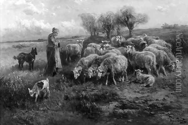 A young shepherdess with flock Oil Painting - Henri Schouten