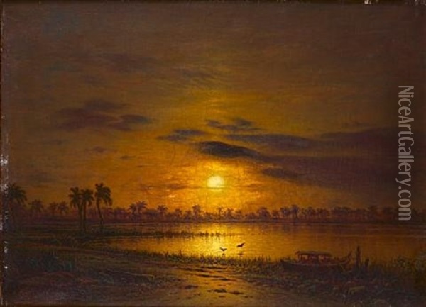 Sunset Over A River, Possibly Burma Oil Painting - Eduard Hildebrandt