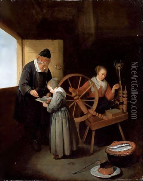 Interior With A School Master Teaching A Young Girl To Read, Another Girl Seated At A Spinning Wheel Oil Painting - Quiringh Gerritsz. van Brekelenkam
