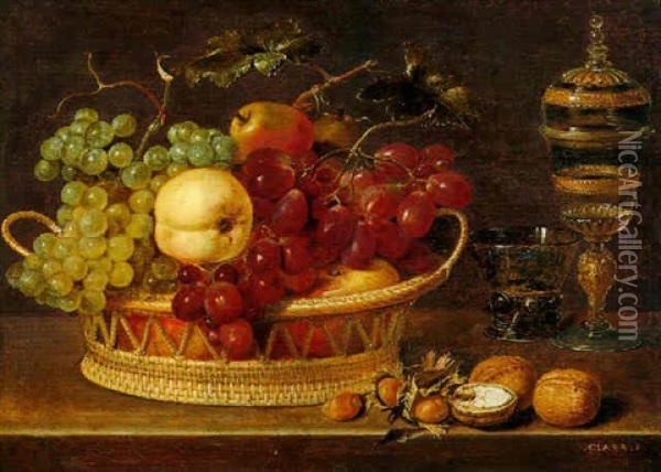 Fruit In A Basket With A Roemer, Glass Cup And Cover, Hazelnuts And Walnuts On A Wooden Ledge Oil Painting - Clara Peeters