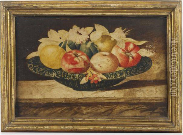 Apples And Figs In A Porcelain Dish On A Stone Ledge Oil Painting - Octavianus Montfort