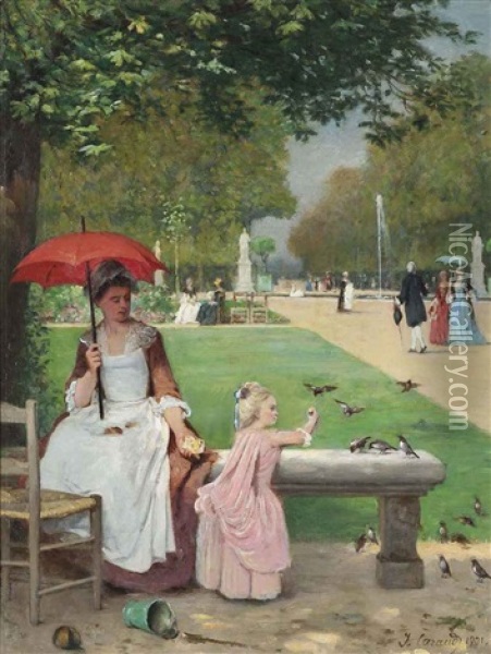 Feeding The Birds At The Tuilleries, Paris Oil Painting - Joseph Caraud
