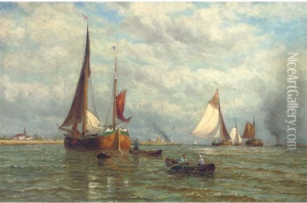 Barges On The Scheldt, Early Evening Oil Painting - George Stanfield Walters