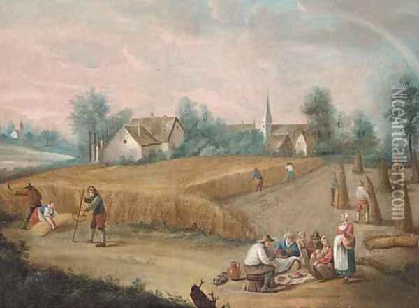 Skittle players in a village; and Peasants harvesting wheat and eating Oil Painting - David The Younger Teniers