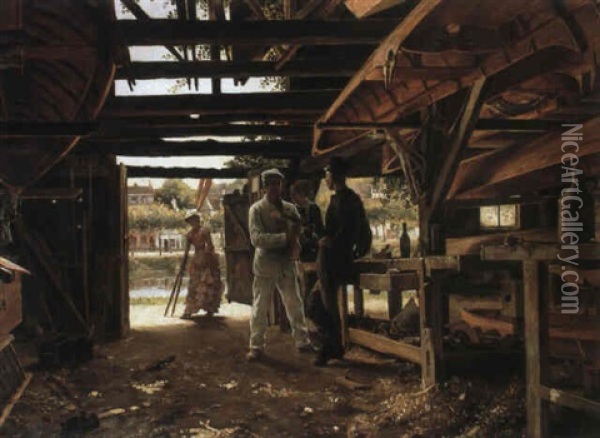 At The Boathouse Oil Painting - Roger-Joseph Jourdain