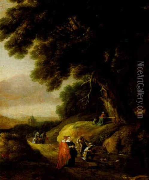 A Wooded Landscape With Hunters And Other Figures On A Path, With A Woman And Child Praying At A Shrine Oil Painting - Gillis (Egidius I) Peeters