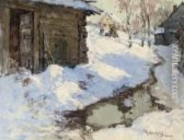 The Last Snow; And Snow Covered Village Oil Painting - Konstantin Ivanovich Gorbatov