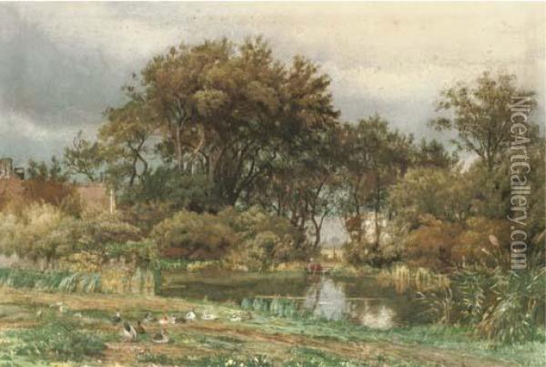 The Pond In Autumn Oil Painting - Julius Jacobus Van De Sande Bakhuyzen