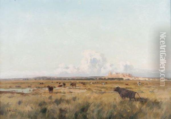 Taureaux En Camargue. Oil Painting - Joseph Garibaldi