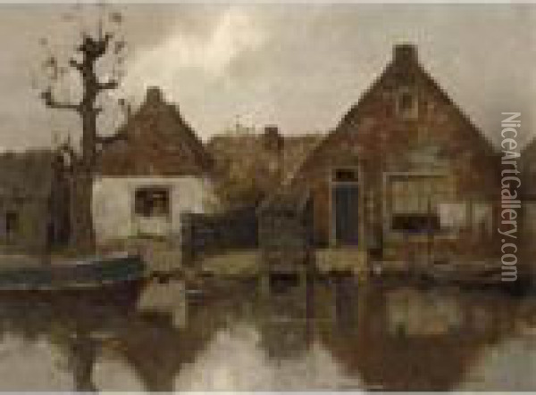 Two Gabled House Facades Along A Canal Oil Painting - Piet Mondrian