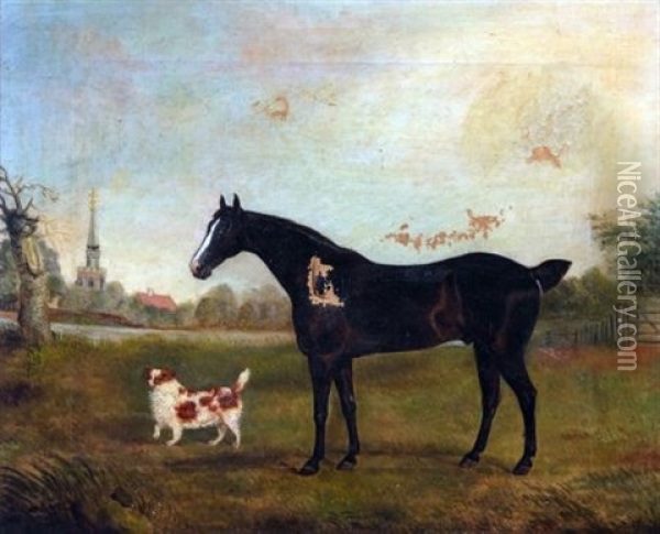 Horse And Spaniel In Landscape Oil Painting - Edwin Cooper