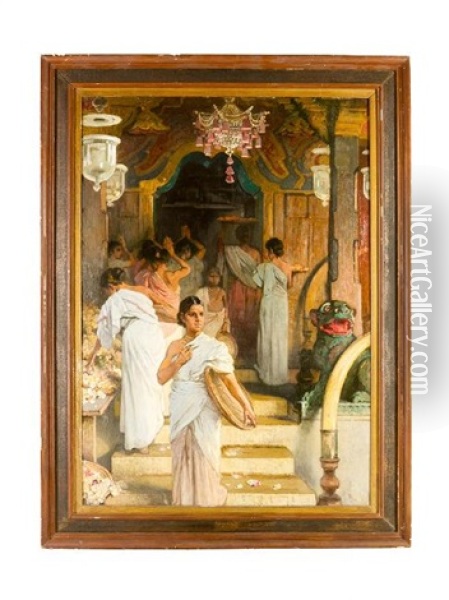 Indian Female Prayers With Flowers By A Temple Entrance Oil Painting - Raja Ravi Varma