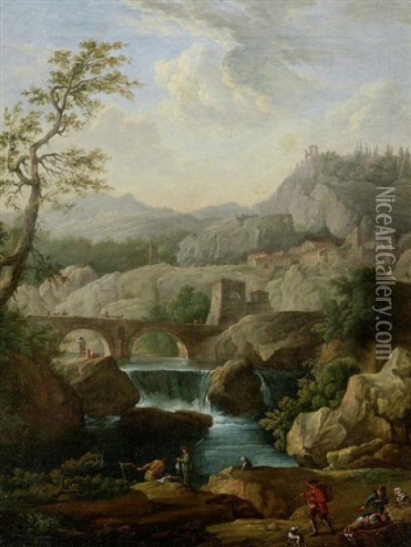 A Mountainous River Landscape Oil Painting - Paolo Anesi