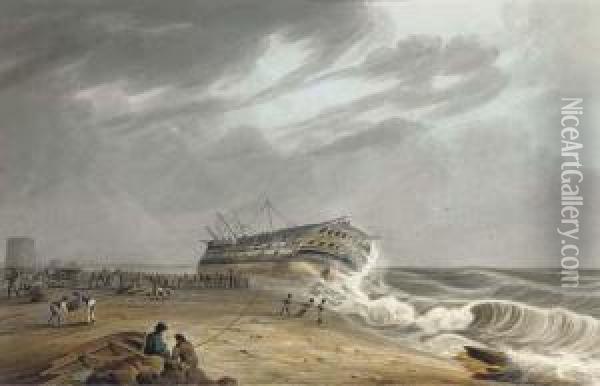 The Honourable [east India] Company's Ship Thames On Shore At Eastbourne Oil Painting - William Huggins
