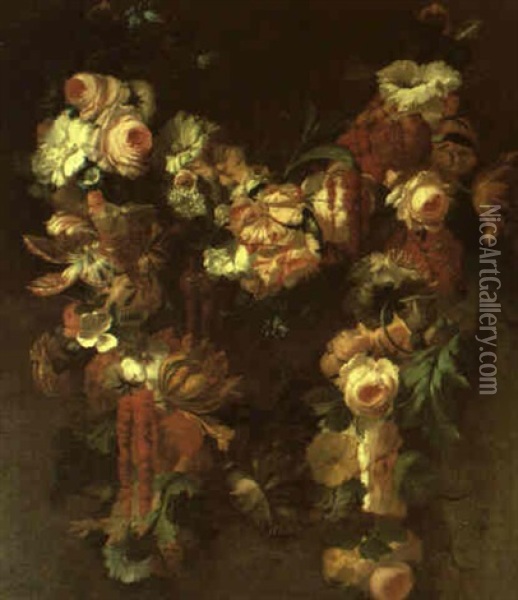 Garland Of Tulips And Other Flowers Hanging From Brass Rings Oil Painting - Jean-Baptiste Morel