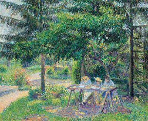 Enfants Attables Dans Le Jardin A Eragny Oil Painting - Camille Pissarro