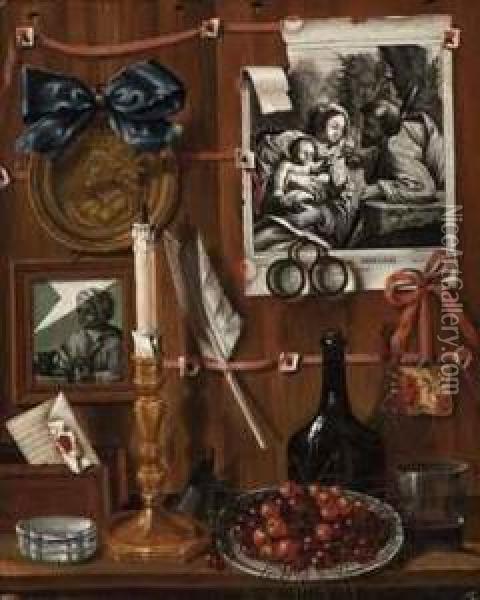 A Trompe L'oeil With Cherries On A Plate, A Candle, A Medallion, Anengraving Of The Holy Family And Other Objects Oil Painting - Jean Valette-Falgores