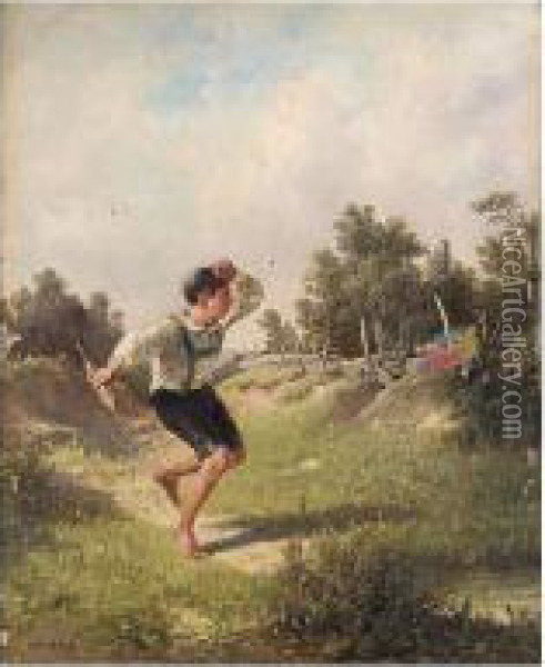 Boy With A Kite Oil Painting - August Gerasch