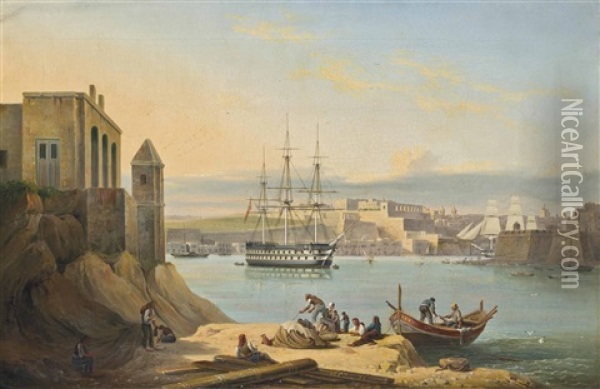The Flagship, H.m.s. Asia, Lying At Anchor In The Grand Harbour, Valetta, Malta Oil Painting - Giovanni Jean Schranz