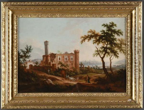 Paesaggio Con Castello Medioevale Oil Painting - Angelo Antonio Cignaroli