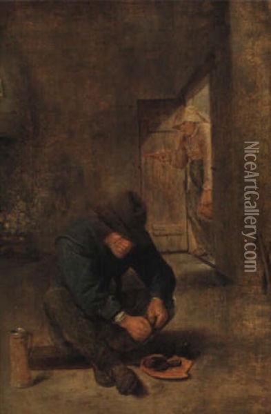A Peasant Eating Mussels In An Interior Oil Painting - Adriaen Brouwer