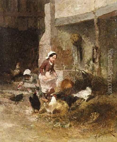 Feeding the Chickens Oil Painting - Alexandre Defaux