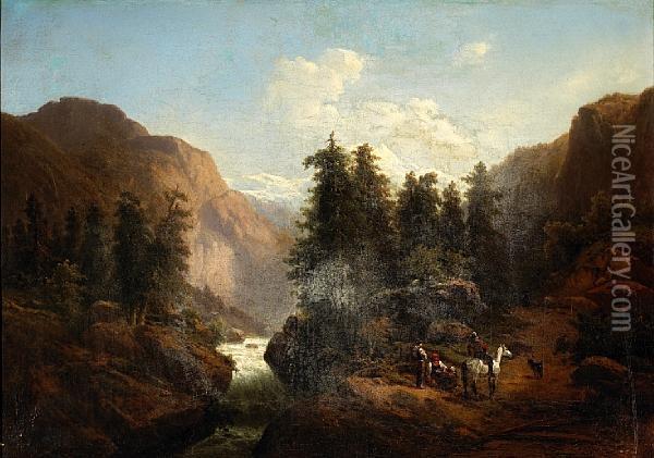 Travelers At Rest In An Alpine Landscape Oil Painting - H. Baumgartner
