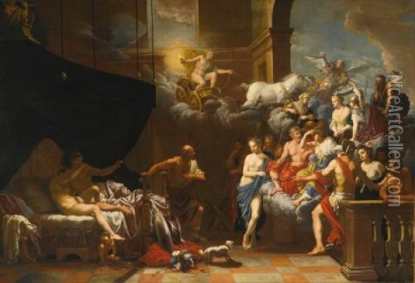 Vulcan Surprising Venus And Mars In Bed Before An Assembly Of The Gods Oil Painting - Johann Heiss