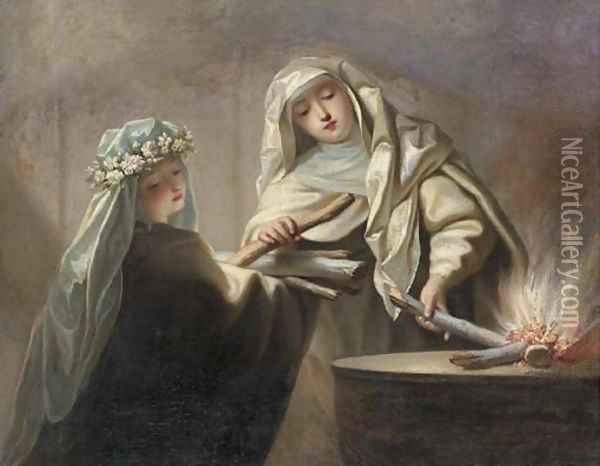 The Sacred Fire two Vestal Virgins tending the hearth Oil Painting - Jean Raoux