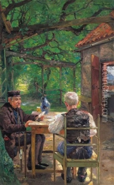 Lugasban Kartyazok (card Players In The Arbour) Oil Painting - Ernst Albert Fischer