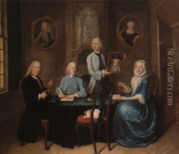 A Family Group Seated Around A Table Oil Painting - Tiebout Regters