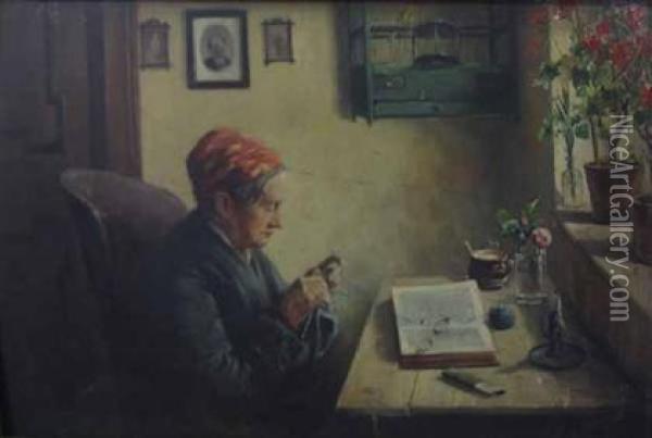 Woman Knitting Oil Painting - August Ignatz Grosz