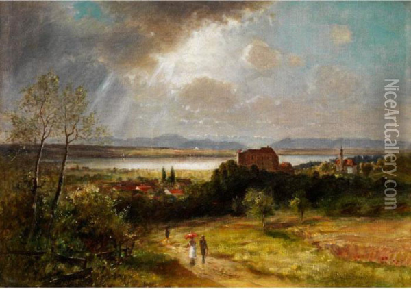 Blick Auf Starnberg Und Den Starnberger Seebei Aufziehendem Gewitter Oil Painting - Franz Reder-Broily