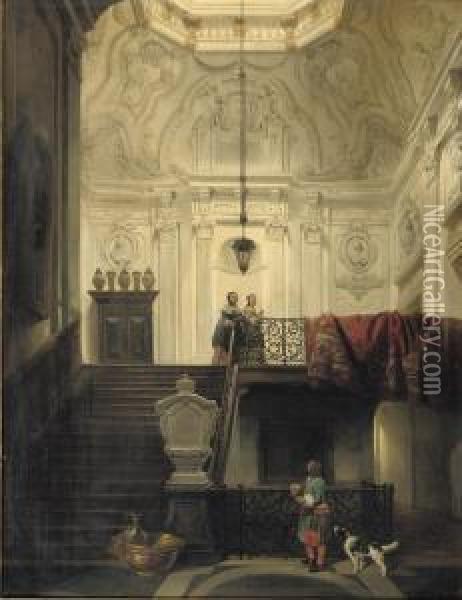 Elegant Figures In Interior Of Huis Schuylenburch, The Hague Oil Painting - Hubertus, Huib Van Hove