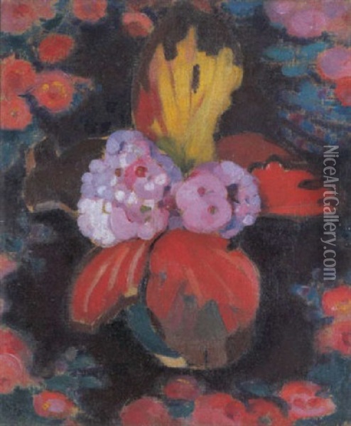 Bouquet Rose, Rouge Et Jaune Oil Painting - Jean Van Den Eeckhoudt
