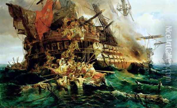 A Turkish Warship on Fire 1868 Oil Painting - Konstantinos (or Constantin) Bolanachi