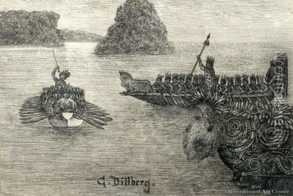 Te Rauparaha's War Canoe & Fleet, Ngai Tahu Pa At Kaiapohia Oil Painting - Gustaf Dillberg