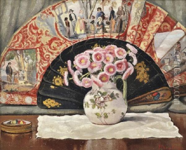 Still Life With Flowers And Fan Oil Painting - Ernest Moulines