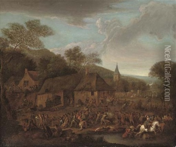 A Wooded Landscape With A Cavalry Skirmish And A Village Under Attack Oil Painting - Karel Breydel