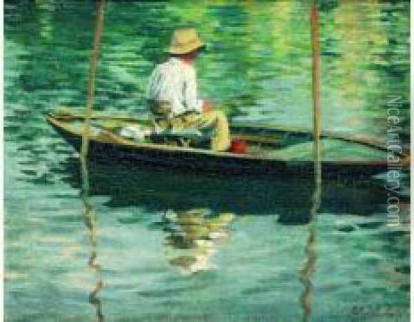 < Pecheur En Barque >. Oil Painting - Gustave Caillebotte