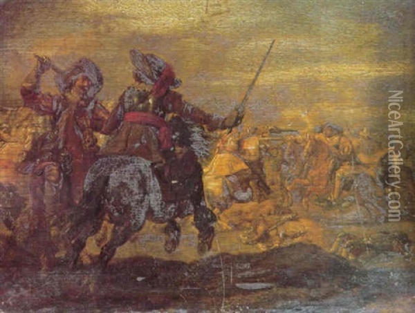 A Cavalry Skirmish In A Landscape Oil Painting - Jan de Martszen the Younger