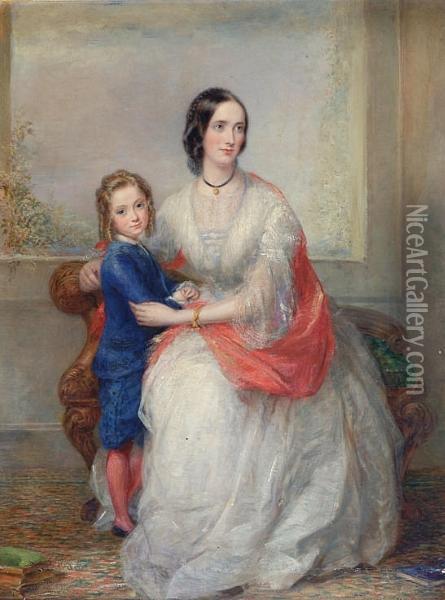 Portrait Of Emmeline Gibb, Wife 
Of Col Charles Gibb, And Her Son Francis, Seated In An Interior Oil Painting - George Richmond