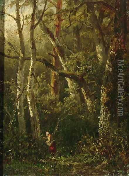 A woman picking berries in the woods Oil Painting - Anthonie Jacobus van Wyngaerdt