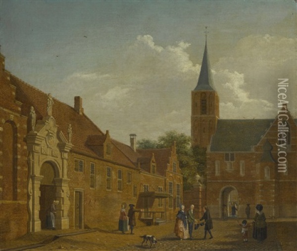 A Townscape With Figures Outside A Civic Guard House Oil Painting - Isaac Ouwater