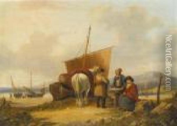 Fisher Family At The Shore Oil Painting - Snr William Shayer